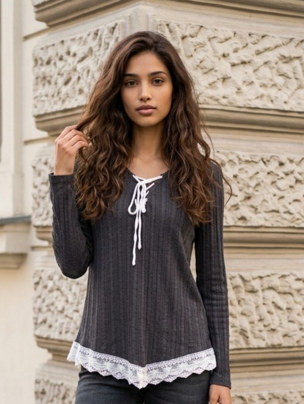 Entro Ribbed Knit Lace-Up Sweater Charcoal High-Low Boho Urban Outfitters Casual
